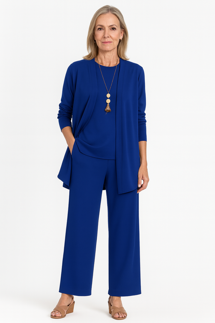 Celine | Women’s 3-Piece Minimalist Longline Cardigan &amp; Wide-Leg Trouser Set