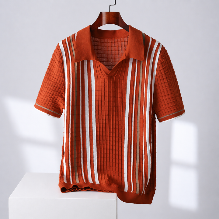 Luca | Men’s Retro Knit Johnny Collar Vertical Stripe Polo
