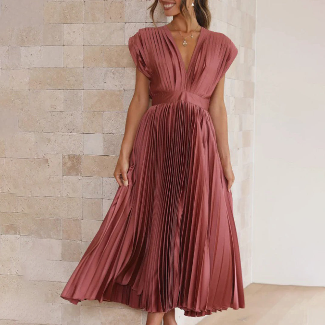 Aviana | Pleated V-Neck Midi Dress