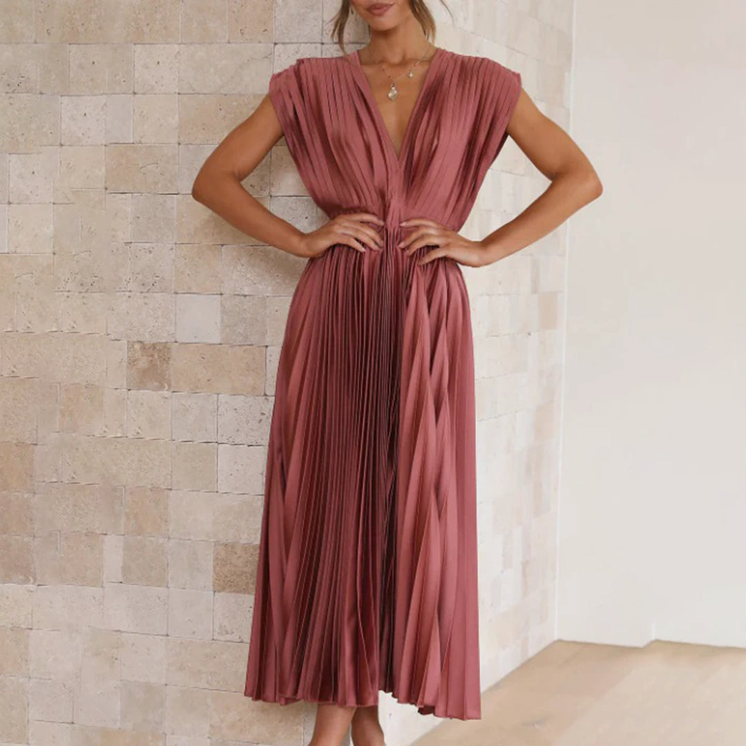 Aviana | Pleated V-Neck Midi Dress