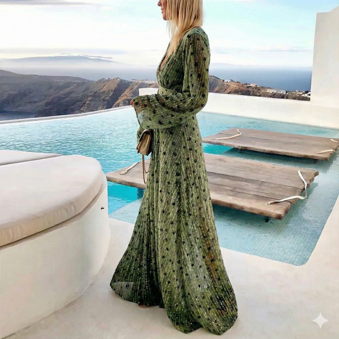 Isla | Women’s Long-Sleeve Swiss Dot Boho Maxi Dress
