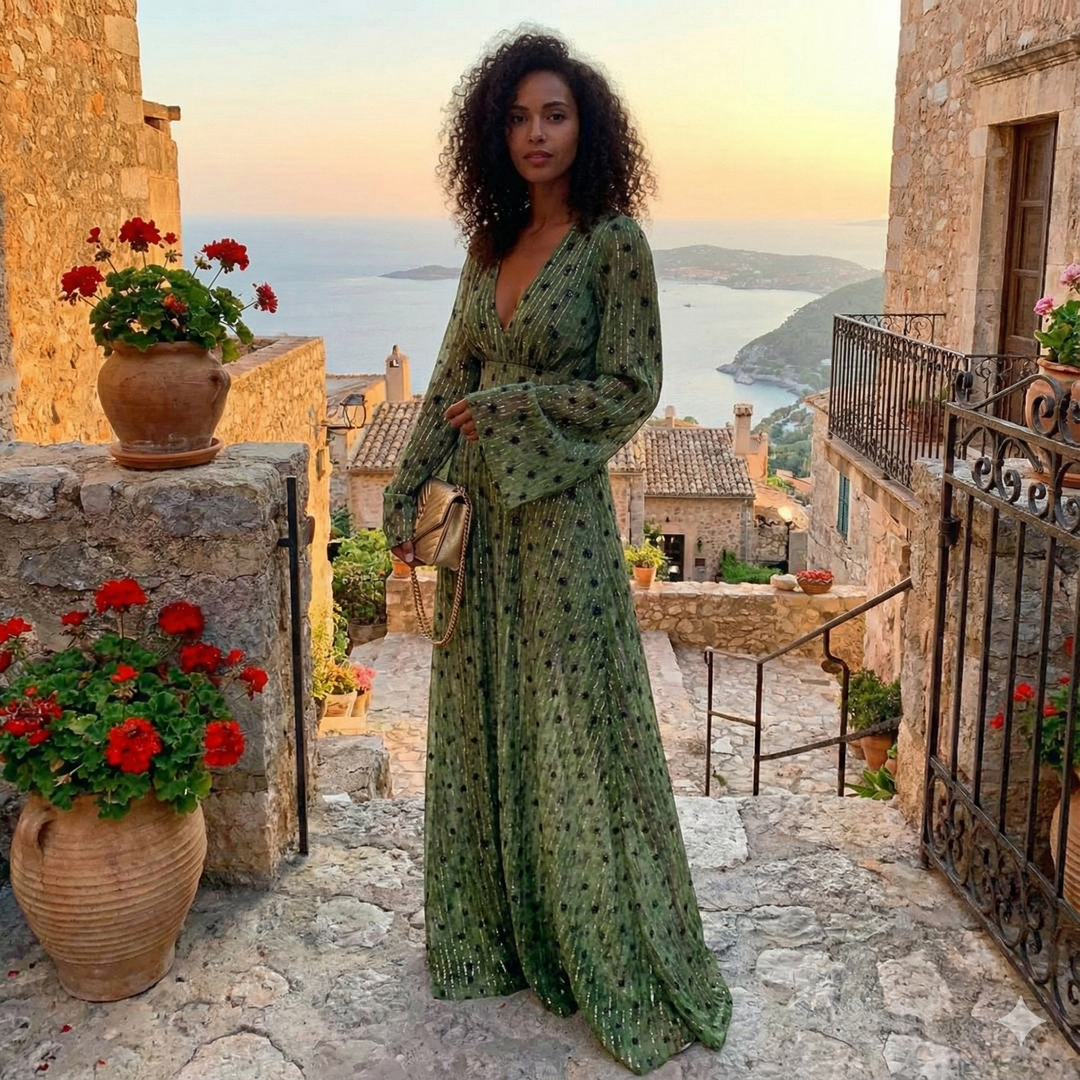 Isla | Women’s Long-Sleeve Swiss Dot Boho Maxi Dress
