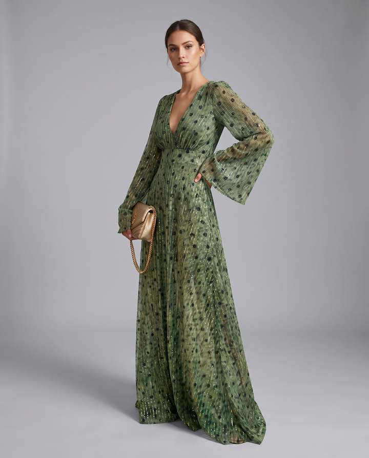 Isla | Women’s Long-Sleeve Swiss Dot Boho Maxi Dress