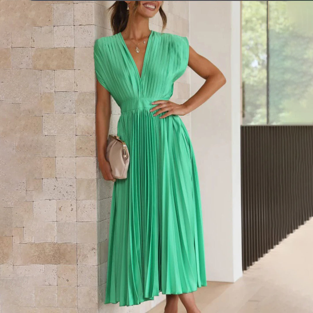 Aviana | Pleated V-Neck Midi Dress