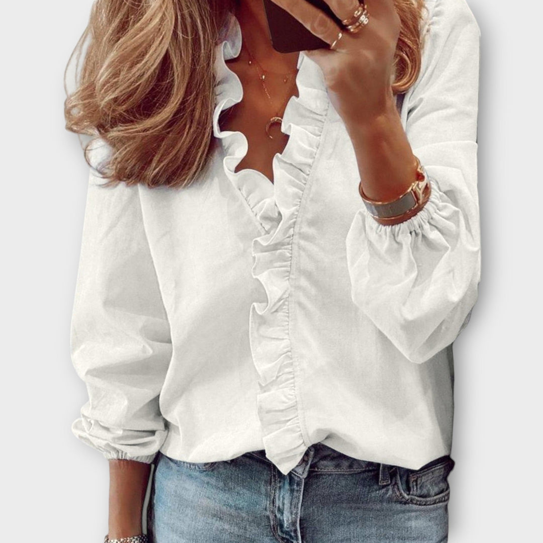 Elodie | Women’s Ruffle Trim V-Neck Bishop Sleeve Blouse
