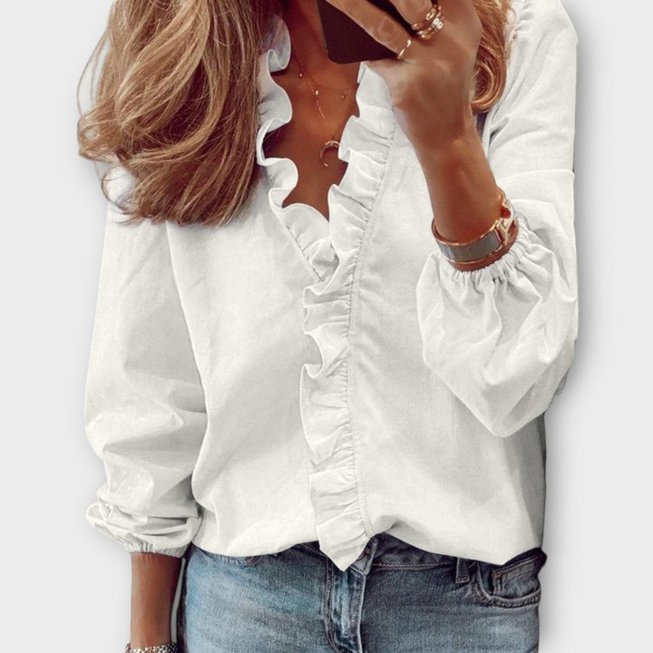Elodie | Women’s Ruffle Trim V-Neck Bishop Sleeve Blouse