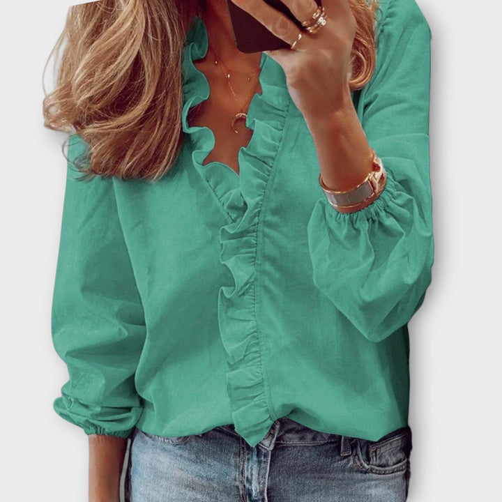 Elodie | Women’s Ruffle Trim V-Neck Bishop Sleeve Blouse