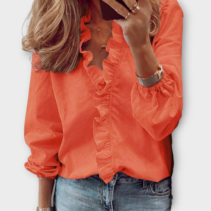 Elodie | Women’s Ruffle Trim V-Neck Bishop Sleeve Blouse