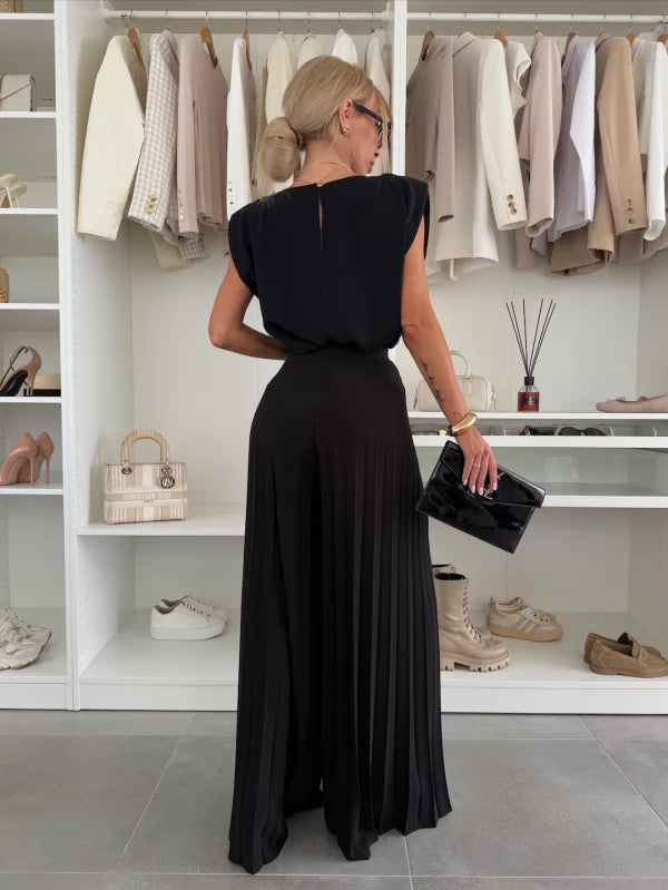 Maribel | Women’s Pleated Wide Leg Jumpsuit with Cap Sleeves