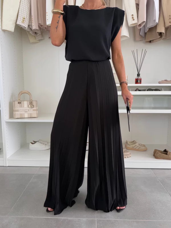 Maribel | Women’s Pleated Wide Leg Jumpsuit with Cap Sleeves