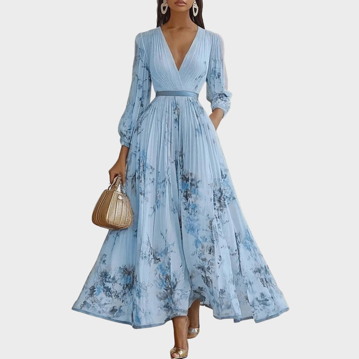 Celeste | Women’s Pleated Watercolor Floral Midi Event Dress