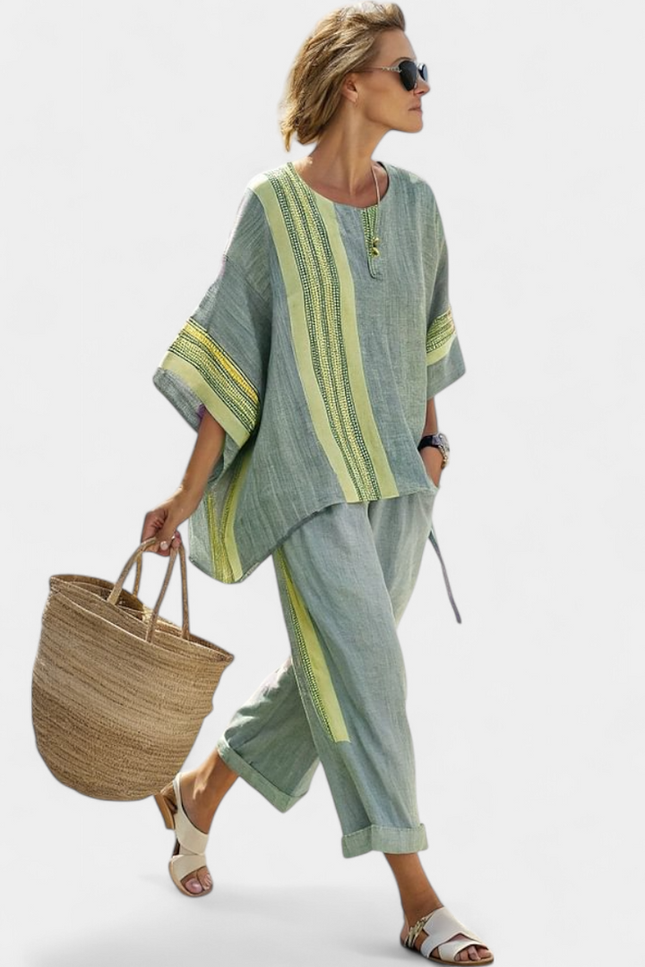 Solana | Women’s Contrast Panel Linen-Blend Resort Tunic &amp; Trouser Set