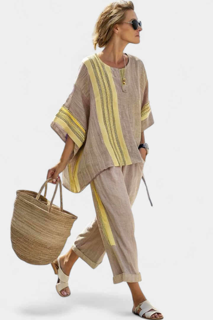 Solana | Women’s Contrast Panel Linen-Blend Resort Tunic &amp; Trouser Set