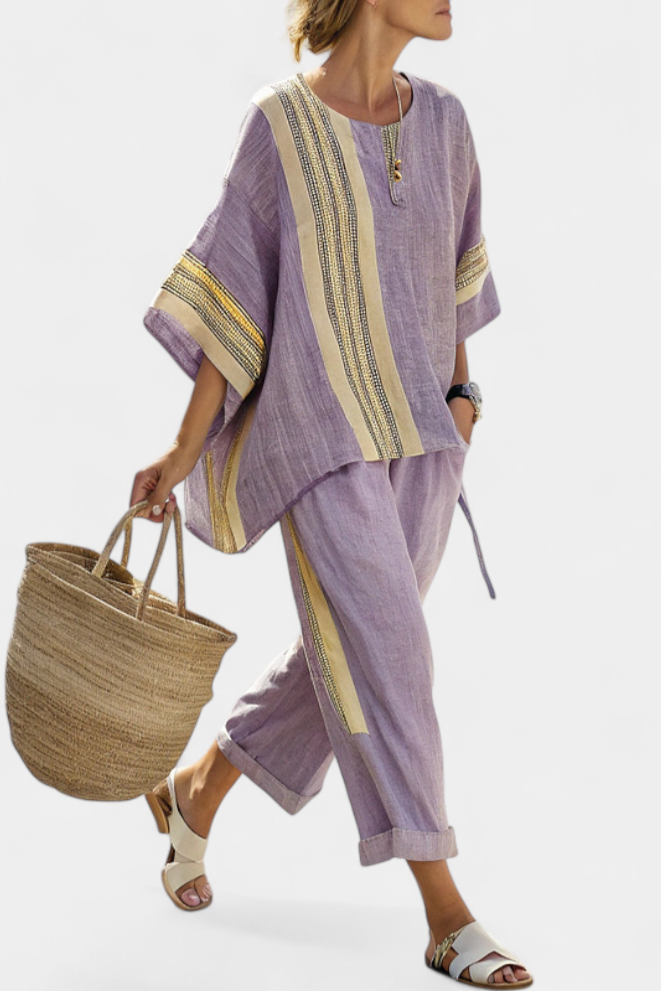 Solana | Women’s Contrast Panel Linen-Blend Resort Tunic &amp; Trouser Set