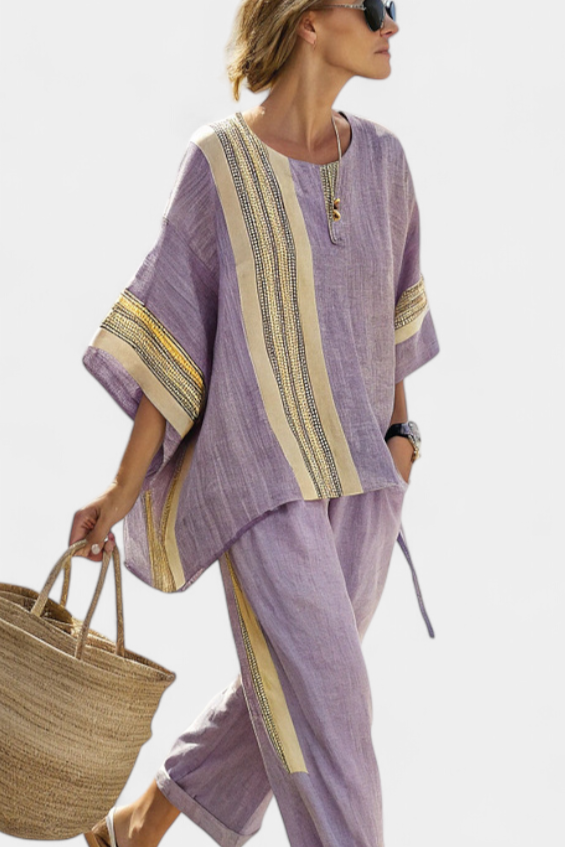 Solana | Women’s Contrast Panel Linen-Blend Resort Tunic &amp; Trouser Set