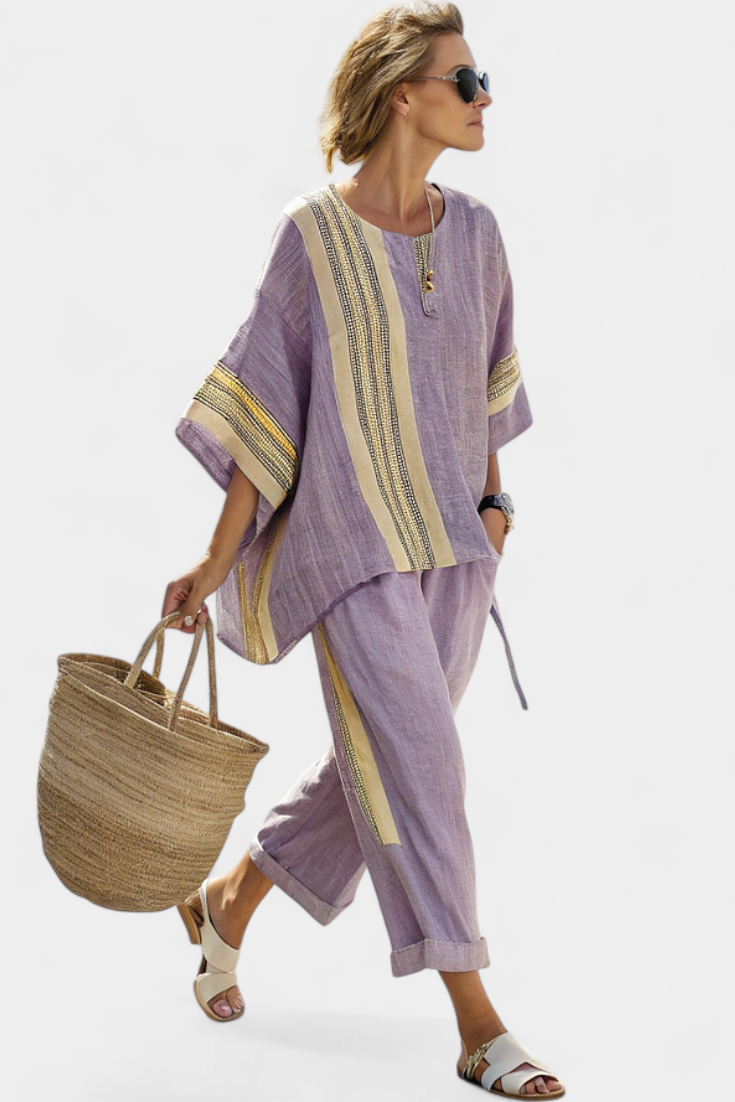 Solana | Women’s Contrast Panel Linen-Blend Resort Tunic &amp; Trouser Set