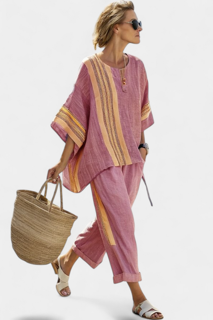 Solana | Women’s Contrast Panel Linen-Blend Resort Tunic &amp; Trouser Set