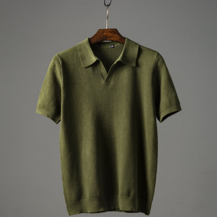 Cyrus | Men’s Textured Open-Knit Johnny Collar Polo