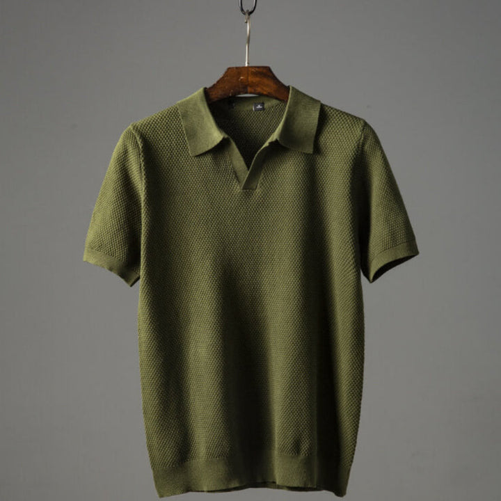 Cyrus | Men’s Textured Open-Knit Johnny Collar Polo