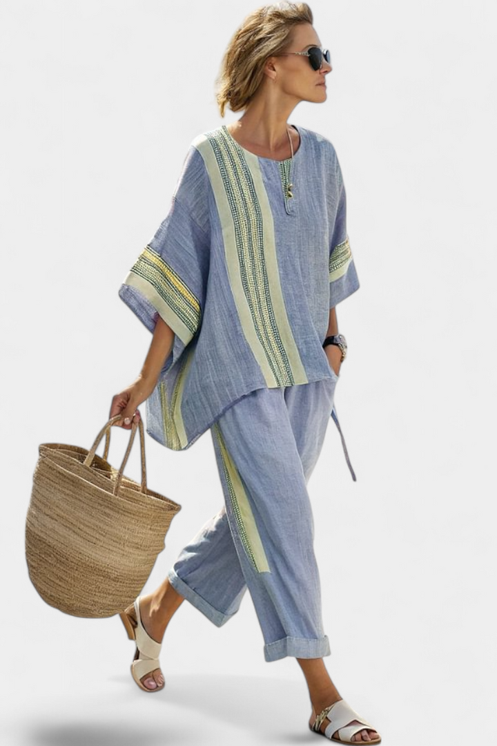 Solana | Women’s Contrast Panel Linen-Blend Resort Tunic &amp; Trouser Set
