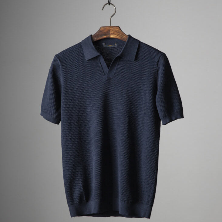 Cyrus | Men’s Textured Open-Knit Johnny Collar Polo