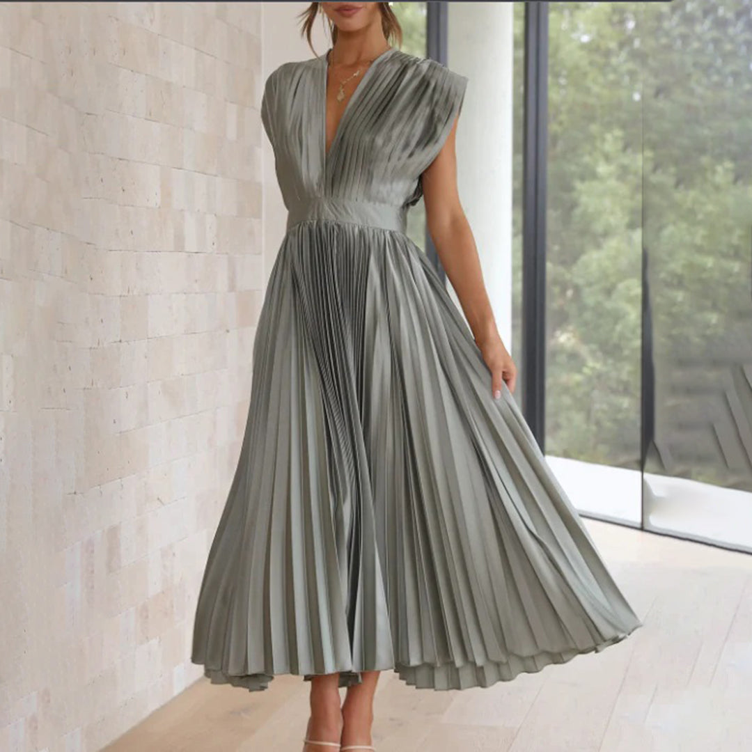 Aviana | Pleated V-Neck Midi Dress