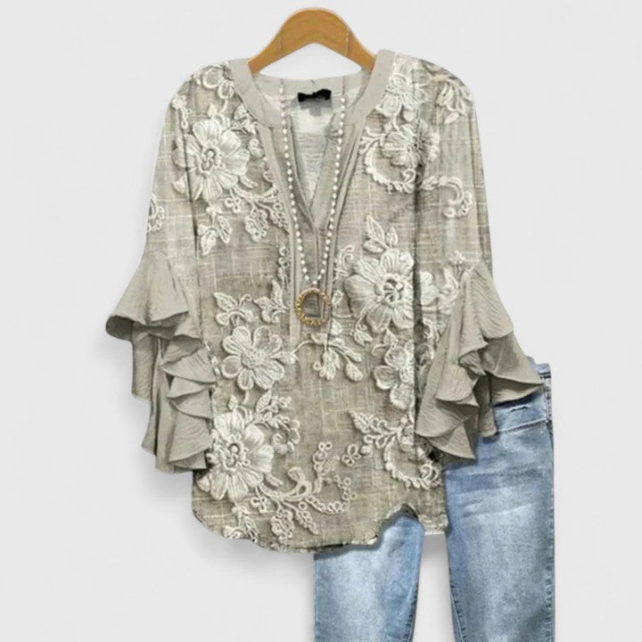 Delphine | Women’s Botanical Ruffle Tunic &amp; Denim-Style Trouser Set