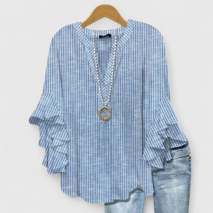 Delphine | Women’s Botanical Ruffle Tunic &amp; Denim-Style Trouser Set