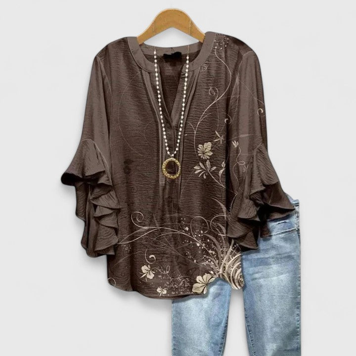 Delphine | Women’s Botanical Ruffle Tunic &amp; Denim-Style Trouser Set