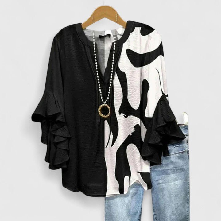 Delphine | Women’s Botanical Ruffle Tunic &amp; Denim-Style Trouser Set