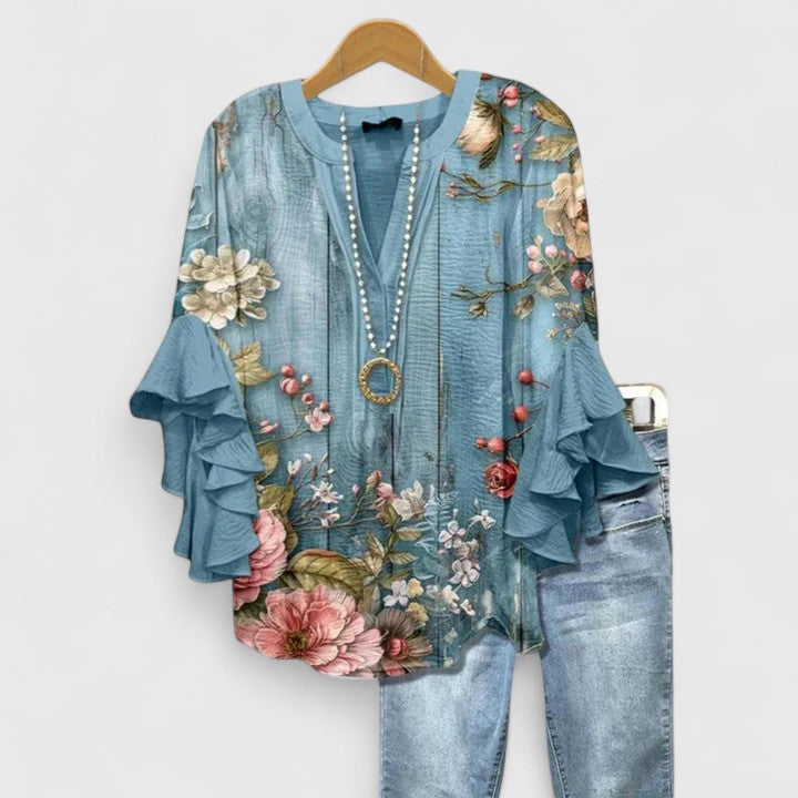 Delphine | Women’s Botanical Ruffle Tunic &amp; Denim-Style Trouser Set