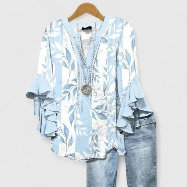 Delphine | Women’s Botanical Ruffle Tunic &amp; Denim-Style Trouser Set