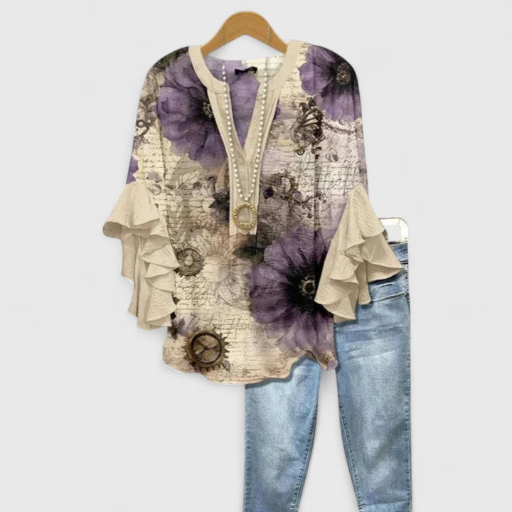 Delphine | Women’s Botanical Ruffle Tunic &amp; Denim-Style Trouser Set