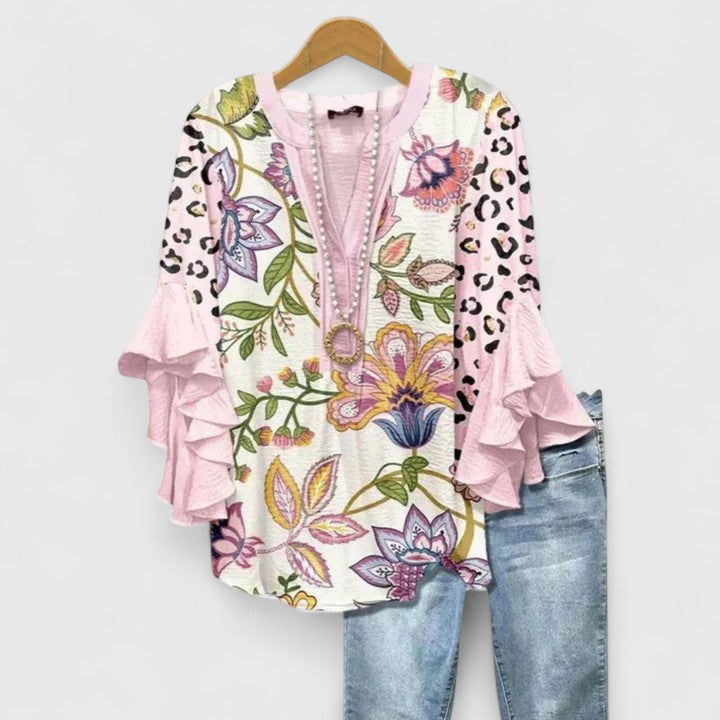 Delphine | Women’s Botanical Ruffle Tunic &amp; Denim-Style Trouser Set