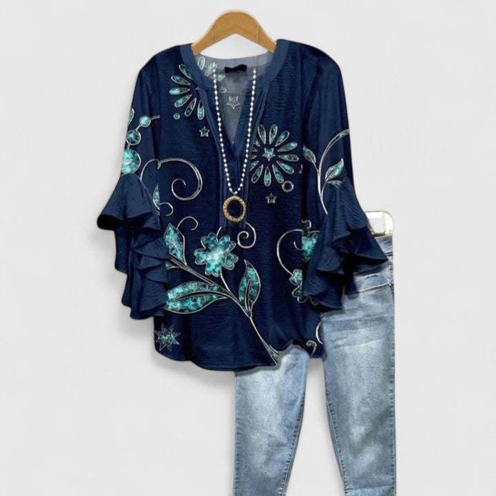 Delphine | Women’s Botanical Ruffle Tunic &amp; Denim-Style Trouser Set