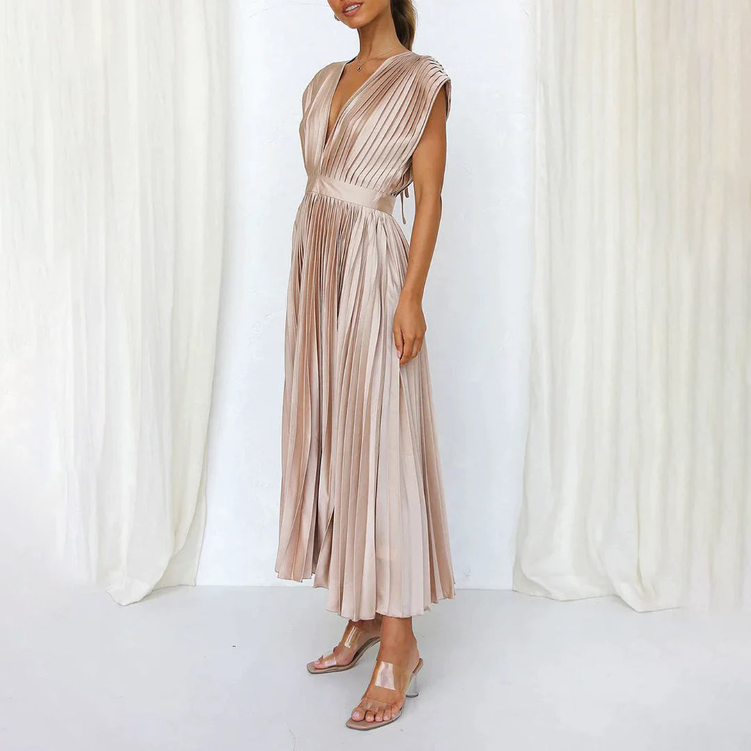 Aviana | Pleated V-Neck Midi Dress