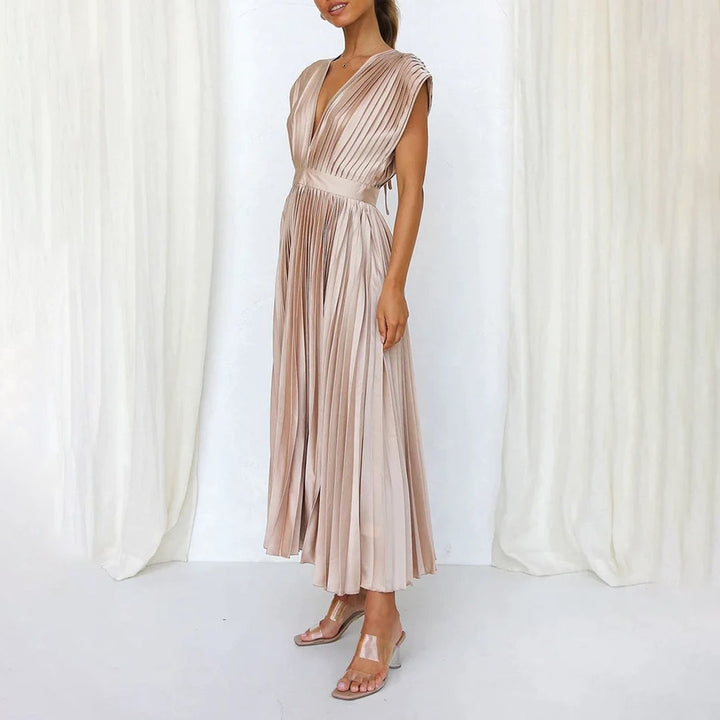 Aviana | Pleated V-Neck Midi Dress