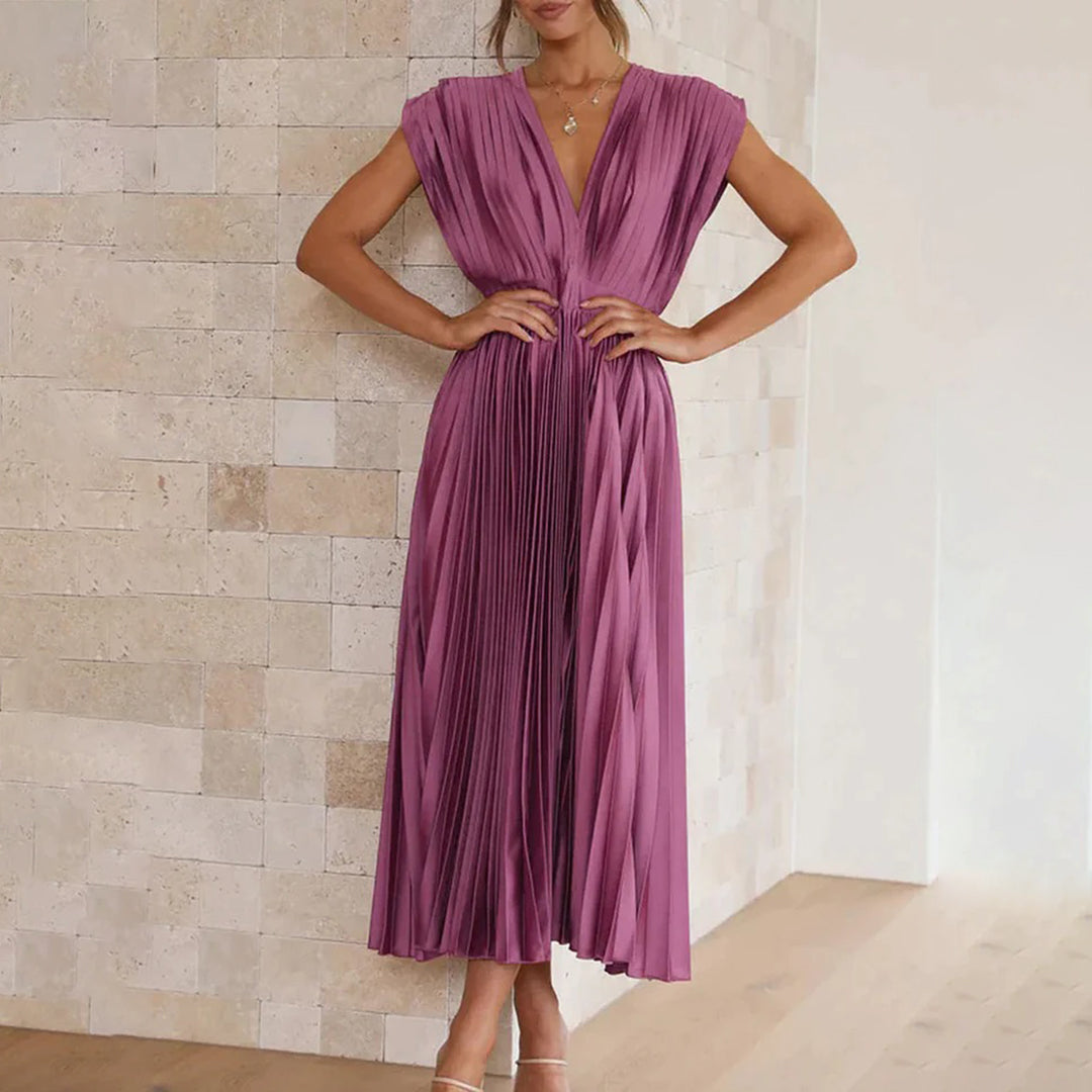 Aviana | Pleated V-Neck Midi Dress
