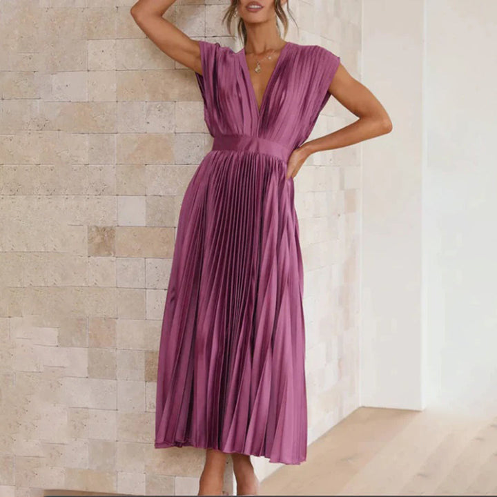 Aviana | Pleated V-Neck Midi Dress
