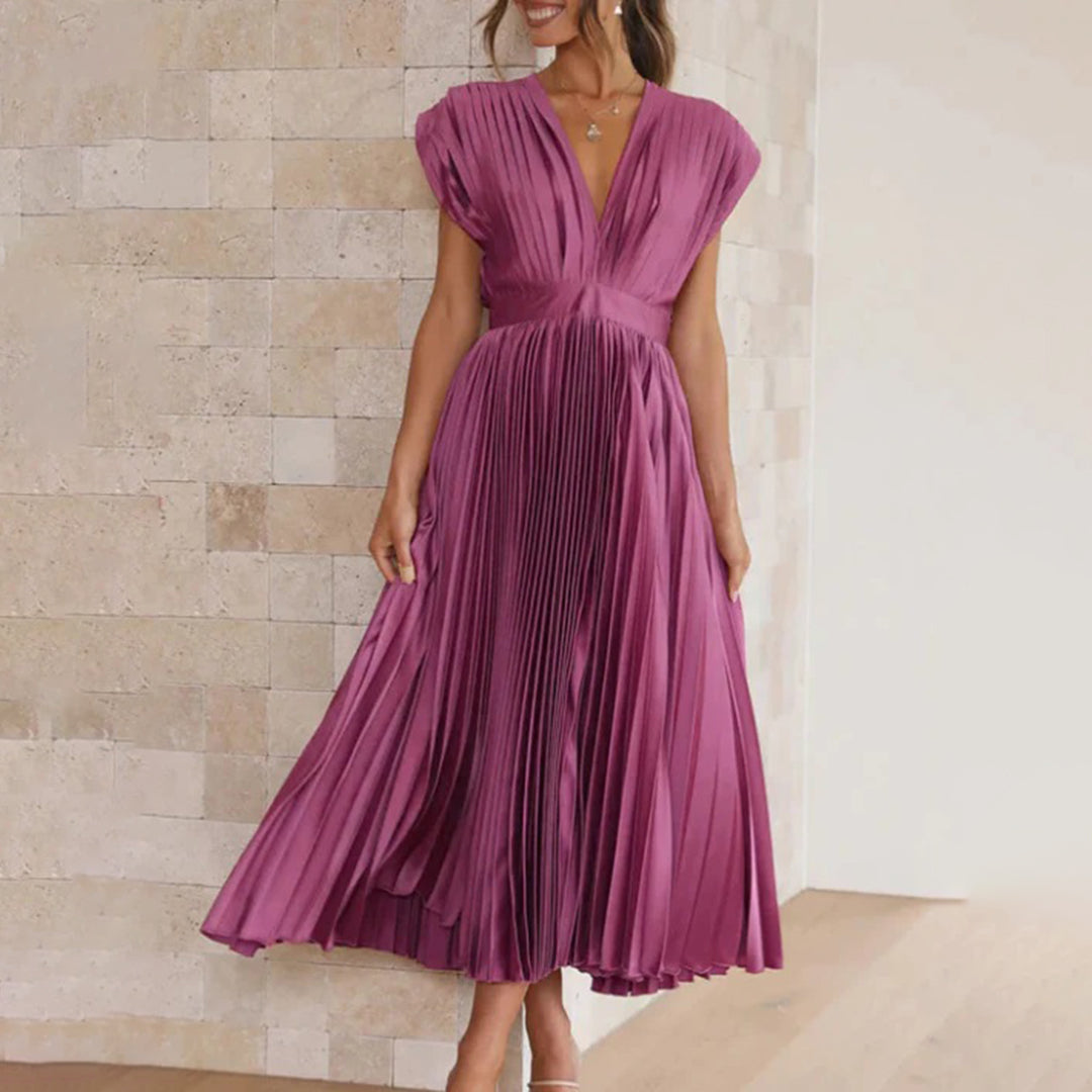 Aviana | Pleated V-Neck Midi Dress