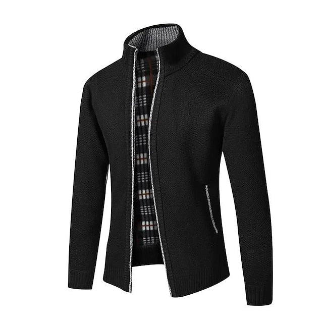 Plaid-Lined Zip-Up Men’s Cardigan