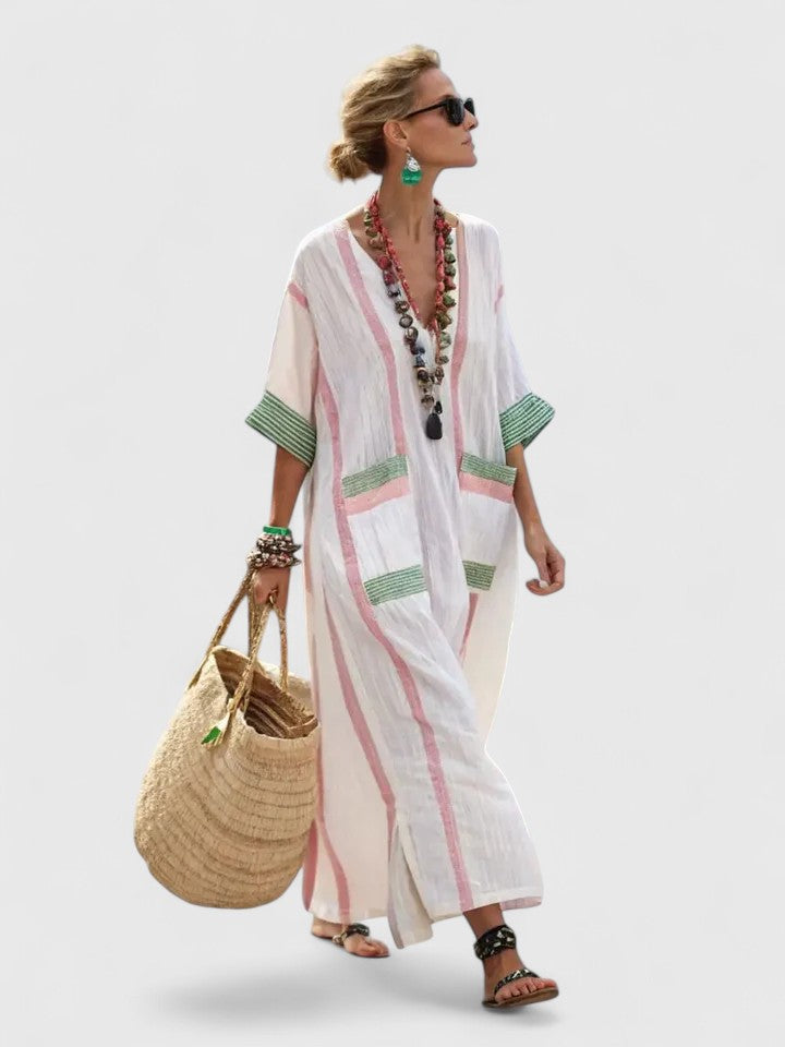 Serena | Women’s Contrast Stripe V-Neck Resort Kaftan Maxi Dress
