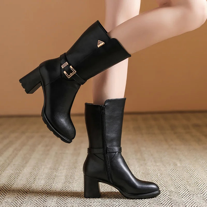 Aveline | Women’s Elegant Buckle Mid-Calf Boots