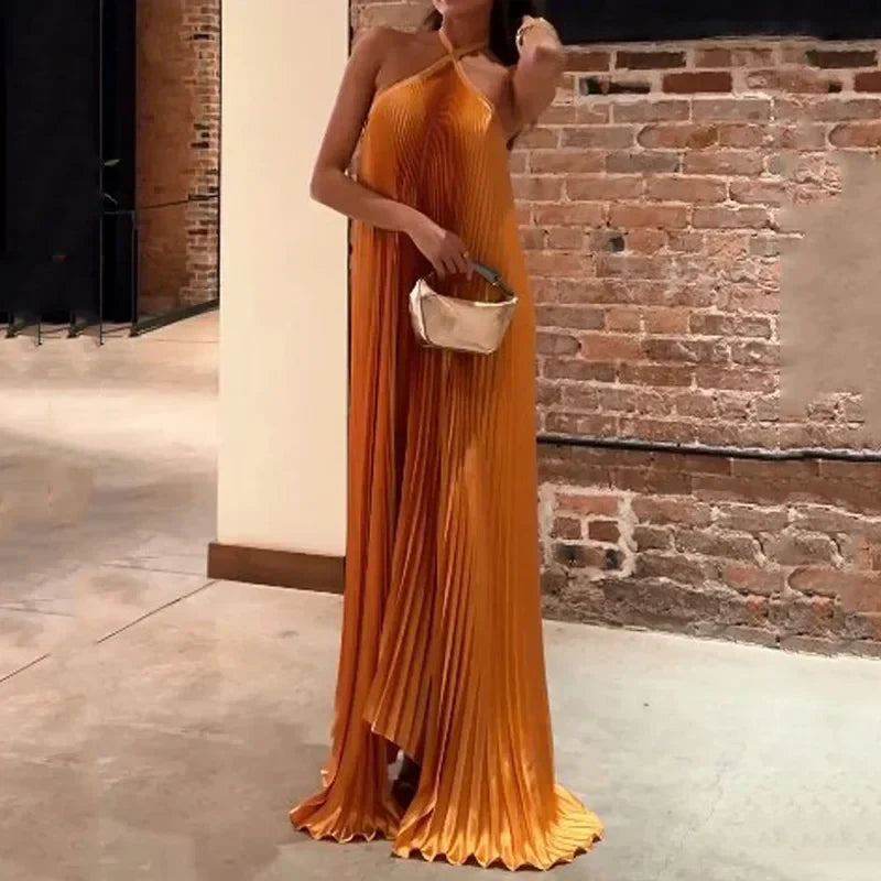 Celina | Elegant Pleated Halter Maxi Dress