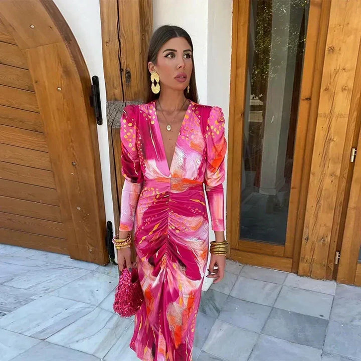 Soraya | Vibrant Ruched Midi Dress