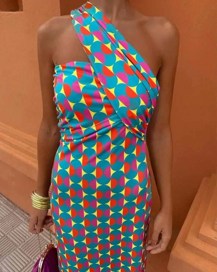 Selene | One-Shoulder Geometric Midi Dress