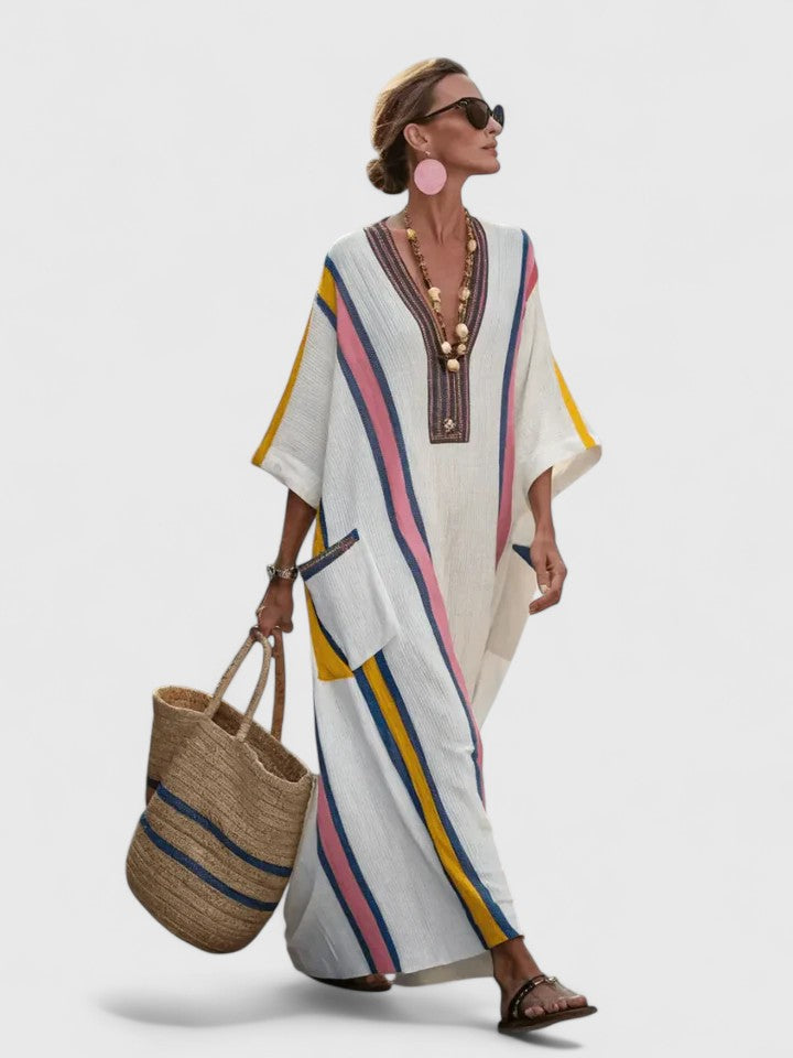 Serena | Women’s Contrast Stripe V-Neck Resort Kaftan Maxi Dress