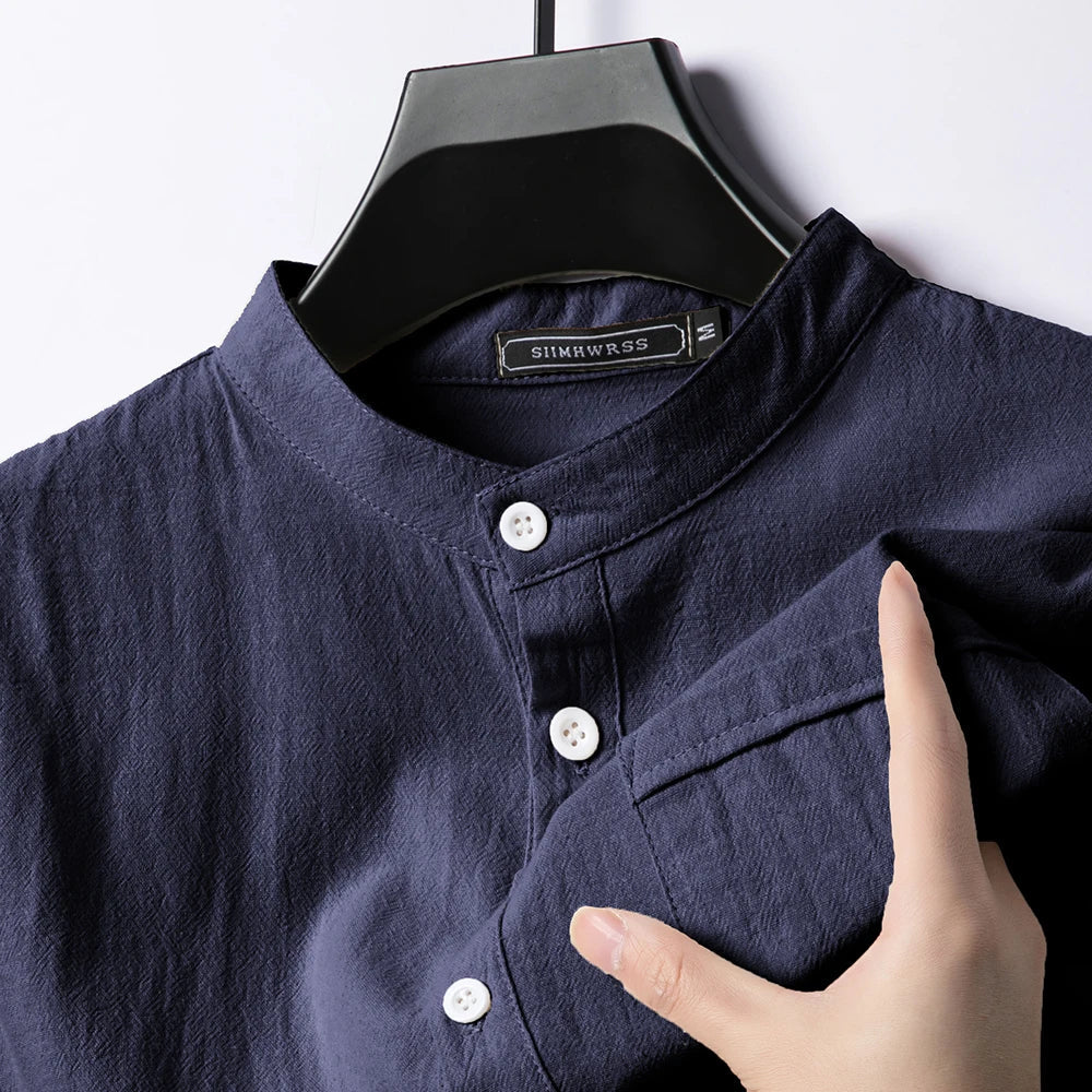 Caspian | Men’s Cotton-Linen Band Collar Popover Shirt