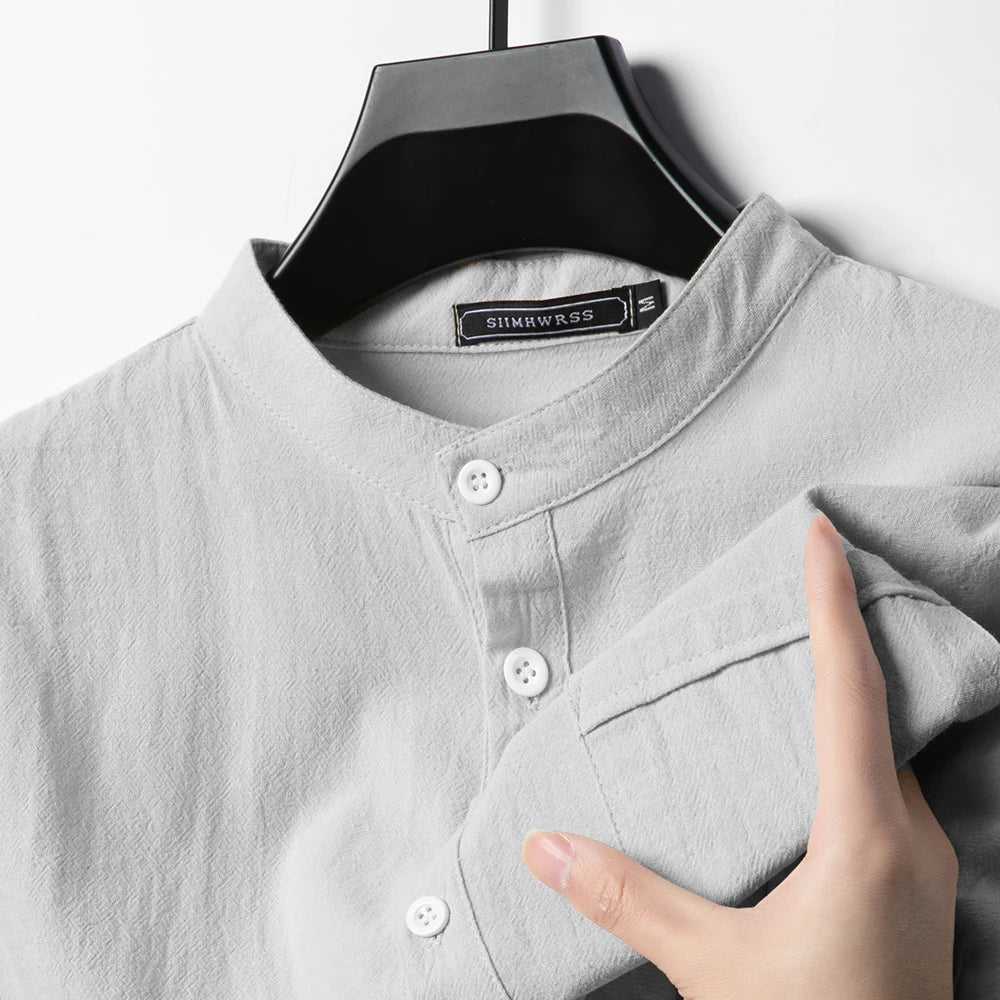 Caspian | Men’s Cotton-Linen Band Collar Popover Shirt
