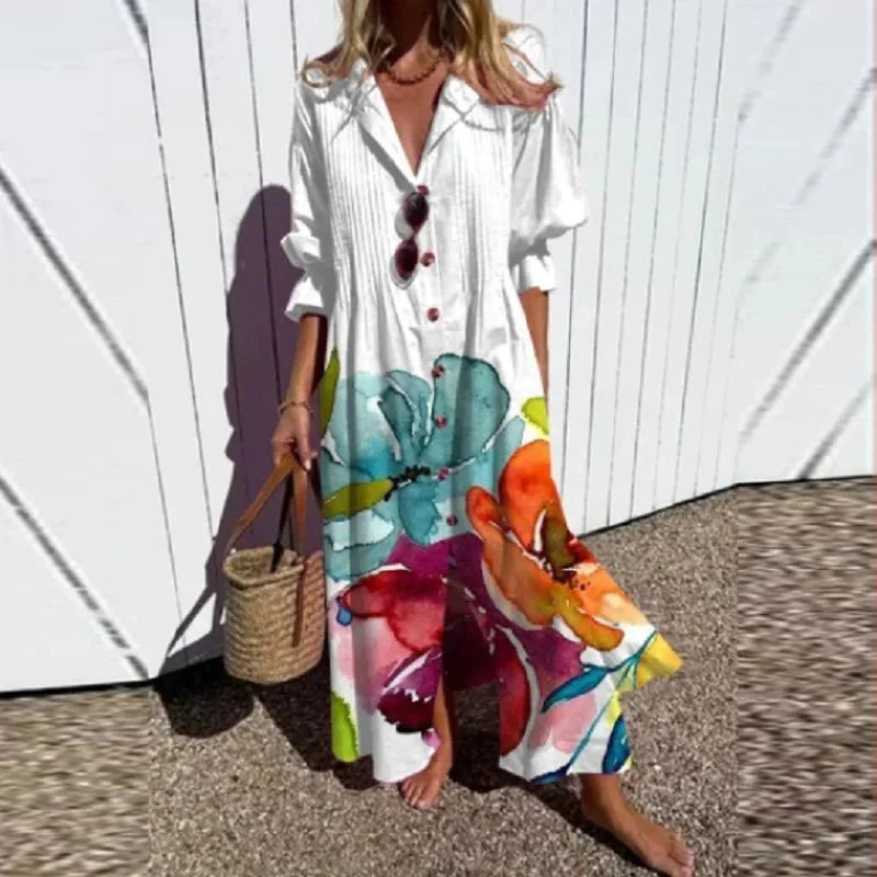 Celia | Button-Front Tropical Maxi Dress